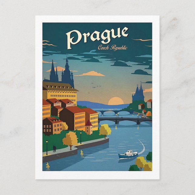 Prag Tjeckien Travel Retro Imspired Vykort (Framsida)