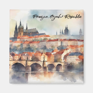 Prag Tjeckien Watercolor Panorama View Magnet