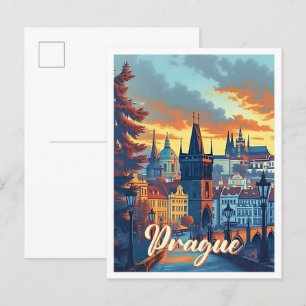 Prag tjeckisk konstnärlig resillustration vykort