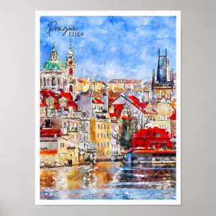 Prag Tjeckisk vintage resor akvarell Poster