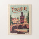 Prag Tjeckiska republiken Travel Art Vintage Pussel<br><div class="desc">Träningskonstruktion för Prag-retrovektor. Prag,  Tjeckiens huvudstad,  är knuten till floden Vltava. Det är känt för sitt gamla torget.</div>