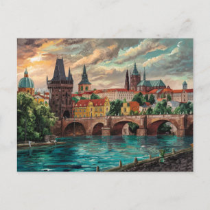 Prag, tjeckiska vattenfärgsfärg, färgtoning vykort