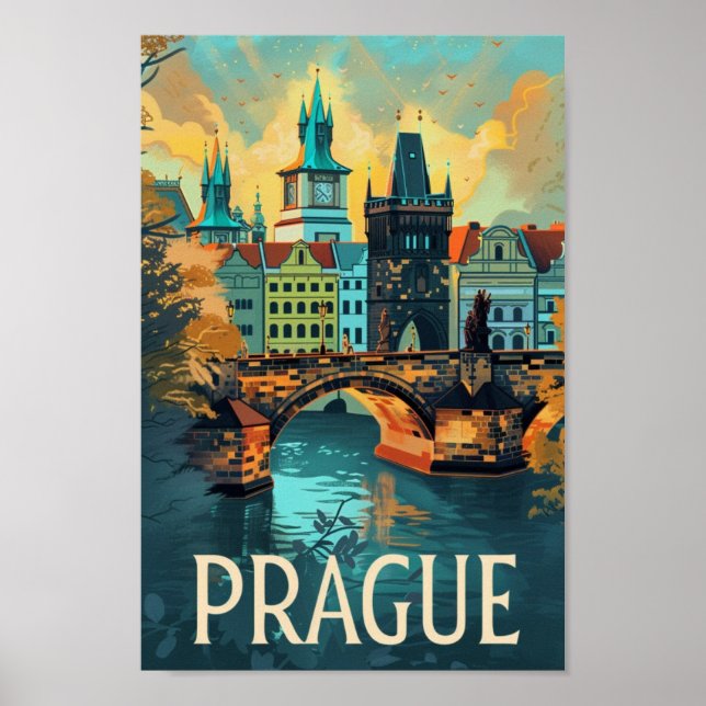 Prag Tjeckiska Vintagen Berömd Travel Ställe Poster (Framsidan)