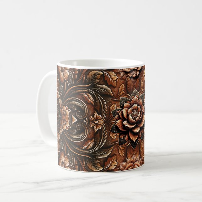 Prägad vintage blomstertryck falskt läder utseende kaffemugg (Framsida vänster)