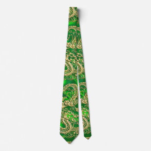 Prägd gulddrake på grön satin slips