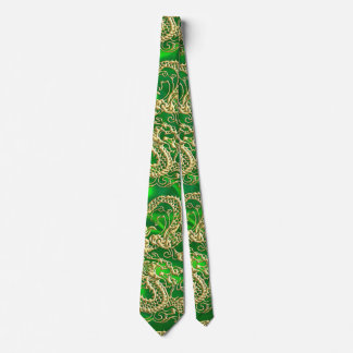 Prägd gulddrake på grön satin slips