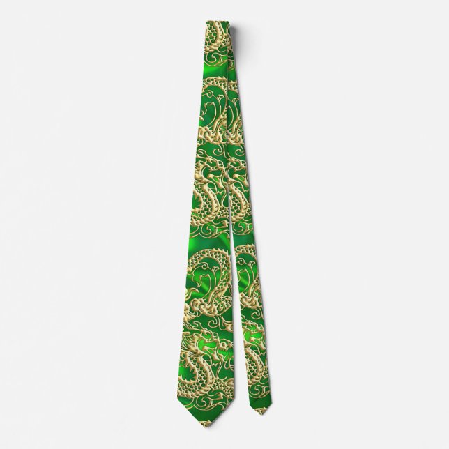 Prägd gulddrake på grön satin slips (Framsida)