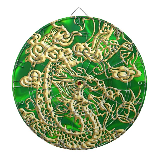 Prägla Guld Drak på Grön Satin Darttavla (Framsidan)