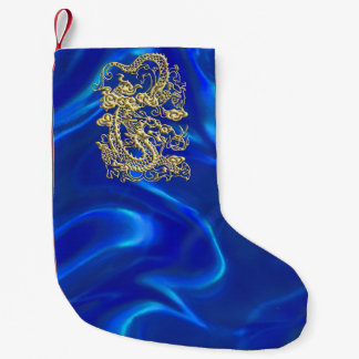 Präglad guld- drake på blåttsatäng liten julstrumpa