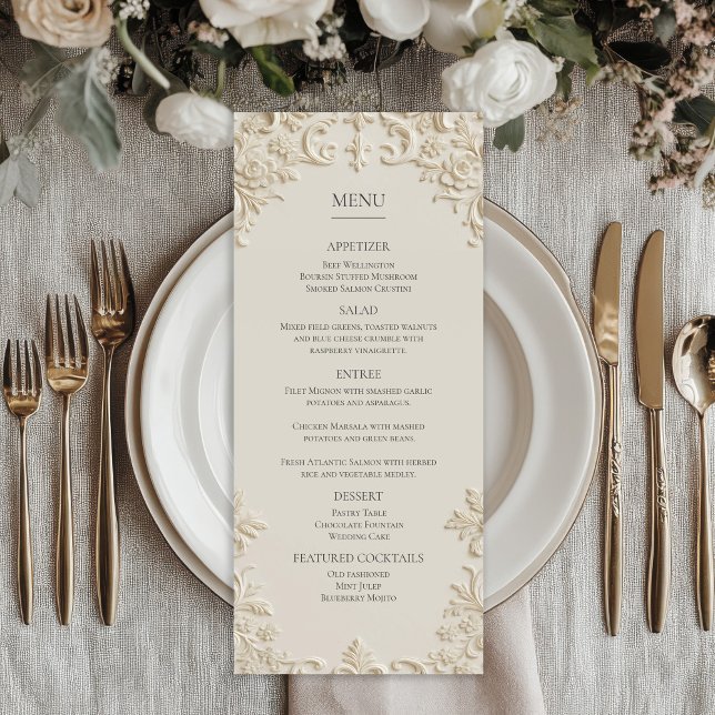Präglar Elegant Elfenbensblomma Bröllopsmeny Meny (Embossed Elegant Ivory Floral Wedding Menu)