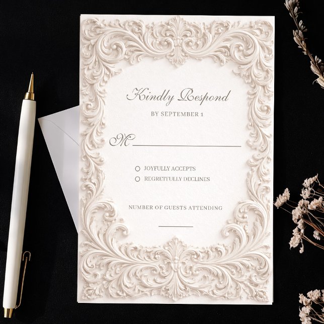 Präglar stil Elfenbens Rococo Scroll Bröllop OSA Kort (Embossed Style Ivory Rococo Scroll Wedding RSVP Card)