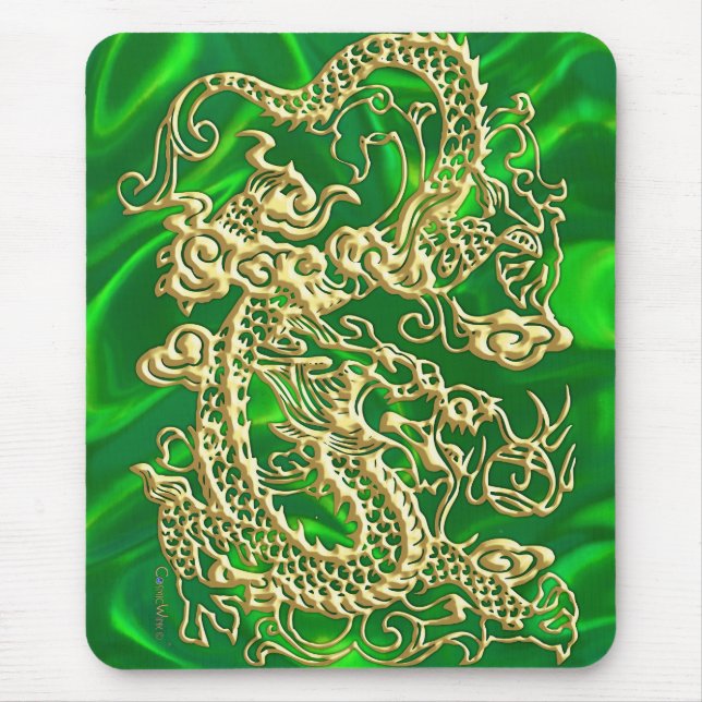 Prägld gul drake på grön satin texturerad tryck musmatta (Framsidan)
