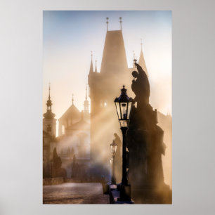 Prague - Charles överbryggar morgonaffischen Poster