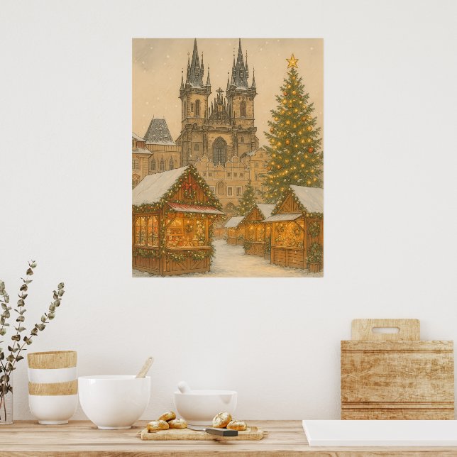 Prague Christmas Postcard Holiday Art Poster  (Kök)