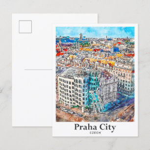 Praha City Czech Travel Watercolor Hand plockade Vykort
