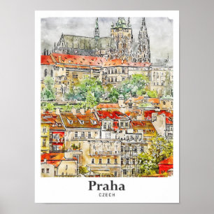 Praha Czech Art Travel Watercolor Hand plockade Poster