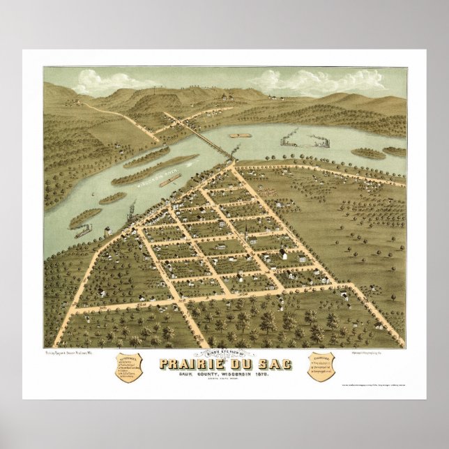 Prairie Du Sac, WI Panoramic Karta - 1870 Poster (Framsidan)