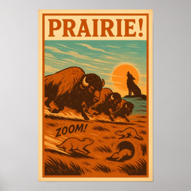 Prairie Stampede - Bison, Prairie Hundar Poster (Framsidan)