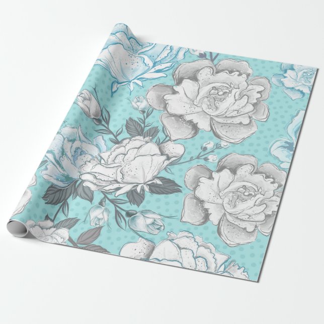 PRAKTBLÅ OCH GRÅ BLOMMOR PRESENTPAPPER (Utrullad)