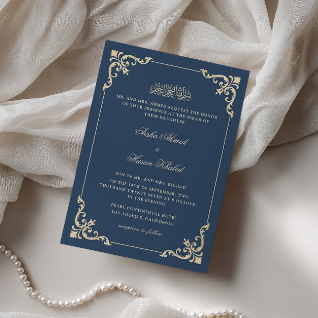 Praktfull barock ram Navy Blue Nikah-ceremoni Inbjudningar (Skapare uppladdad)