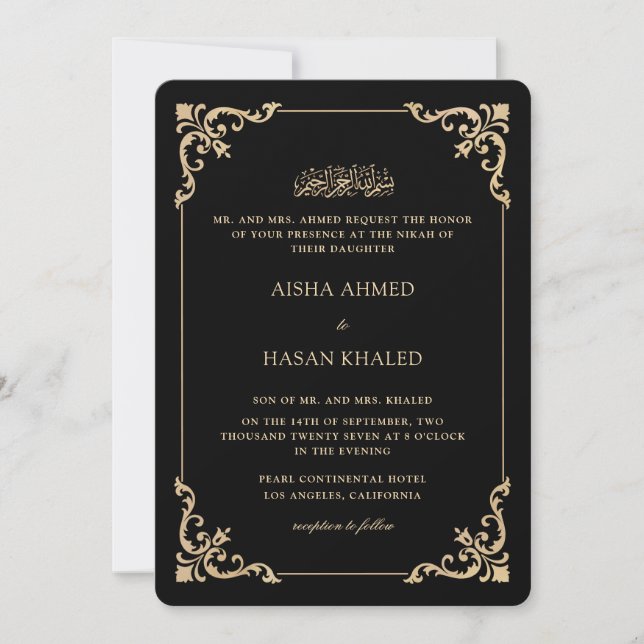 Praktfull barockram guld svart Nikah-ceremoni Inbjudningar (Framsida)