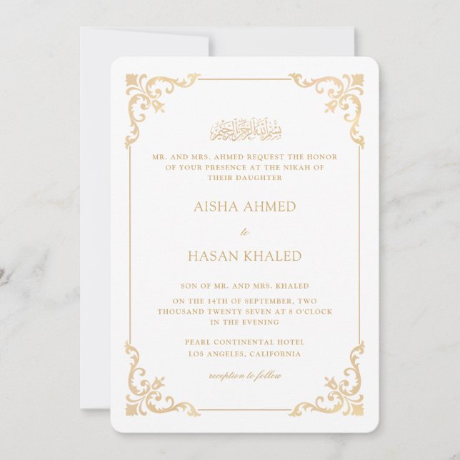 Praktfull barockram guld vit Nikah-ceremoni Inbjudningar (Framsida)