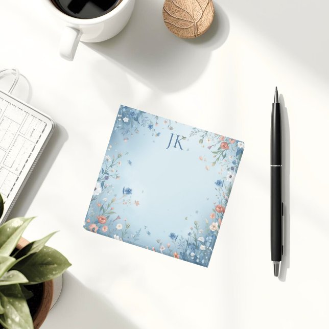 Praktfull Blå Blommig Personlig Monogram Post-it Block (Eye-catching and easy to personalize)