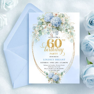 Praktfull Boho Dammig Blå Blommig Guld 60-årsdag Inbjudningar