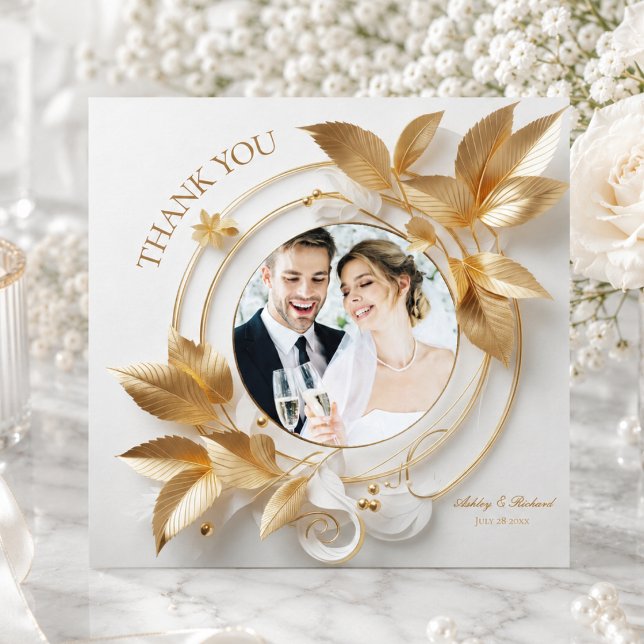 Praktfull bröllopskort med guld och blommor för ta tack kort (elegant opulent custom photo ivory gold wedding thank you card)
