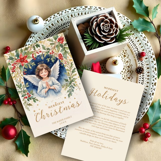 Praktfull Chic Julängel Blommor Viktoriansk  Julkort (Classic Gorgeous Chic Christmas Brown Hair Angel with Flowers Victorian-Themed Inspired Holidays.)