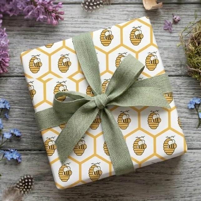 Praktfull gul bikupa och humlemönster presentpapper (Springtime beehive pattern wrapping gift)