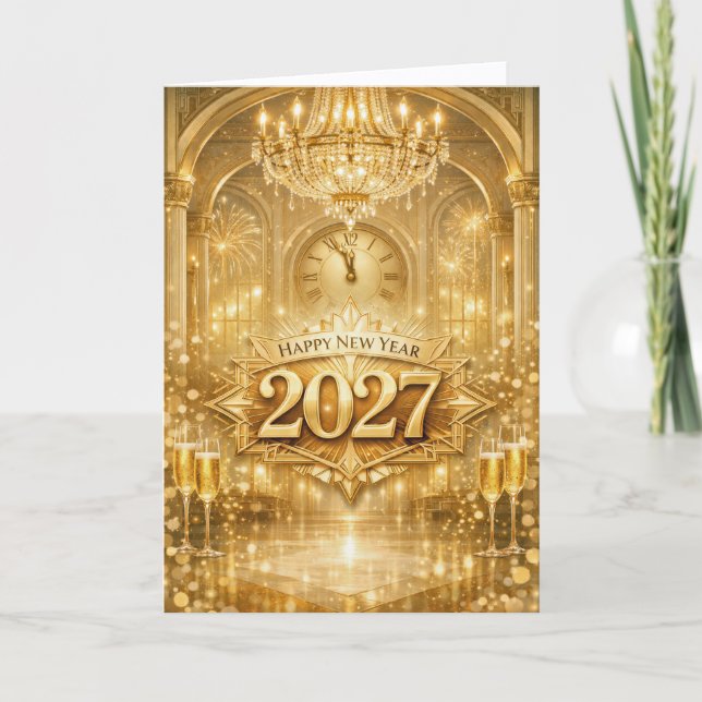 Praktfull guld balsal Nyår 2027 Helgkort (Framsida)