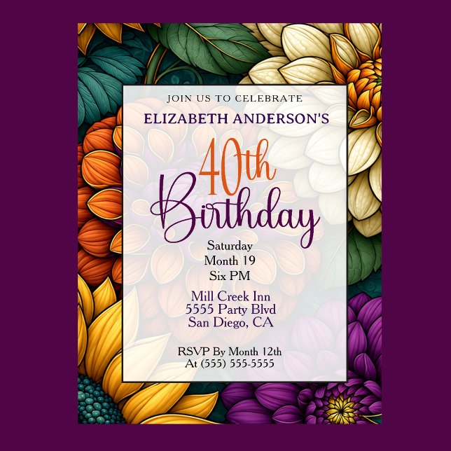 Praktfull höstblomma 40-årsdag inbjudningar (Opulent Autumn Flower Bouquet 40th Birthday Invitation For Women.)