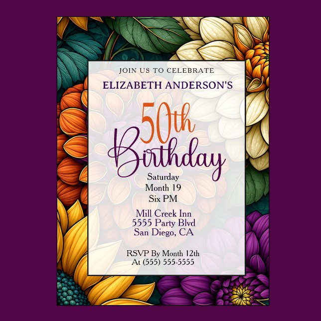 Praktfull höstblomma 50-årsdag inbjudningar (Opulent Fall Floral 50th Birthday Invitation For Women.)