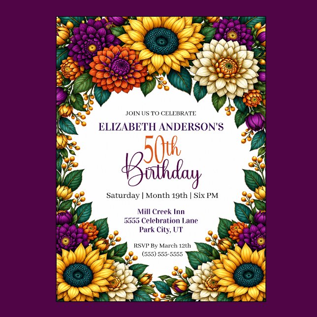 Praktfull höstblomma 50-årsdag inbjudningar (Opulent Fall Flower 50th Birthday Invitation For Women.)