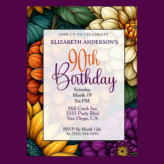 Praktfull höstblomma 90-årsdag inbjudningar (Opulent Fall Floral 90th Birthday Invitation For Women)