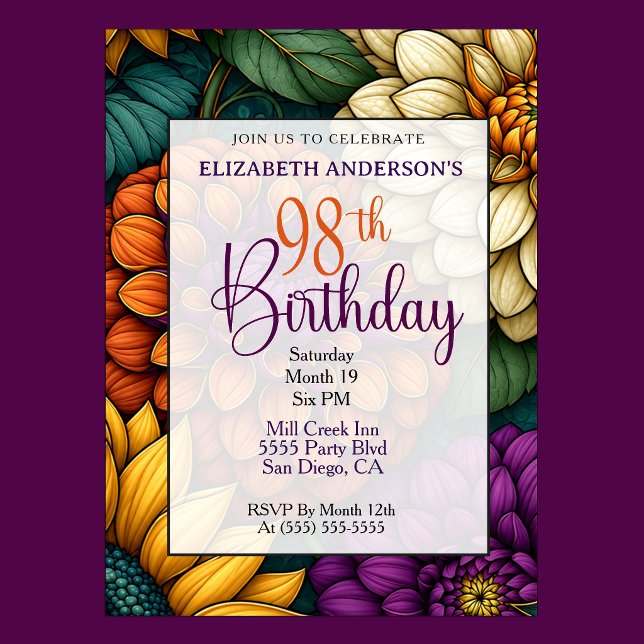 Praktfull höstblomma 98-årsdag inbjudningar (Opulent Fall Floral 98th Birthday Invitation For Women)