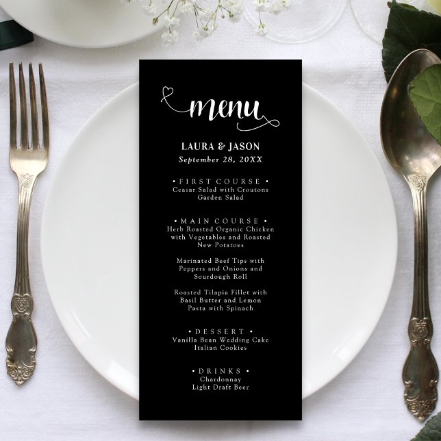 Praktfull Kalligrafi Rustika Bröllopsmenyer Meny (Fancy calligraphy script wedding menus add romantic charm while guiding guests through your meal)