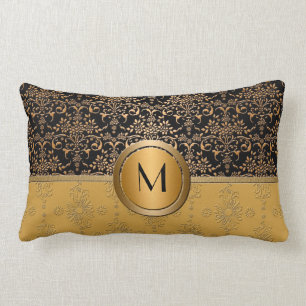 Praktfull monogram guld och svart damastdesign lumbarkudde
