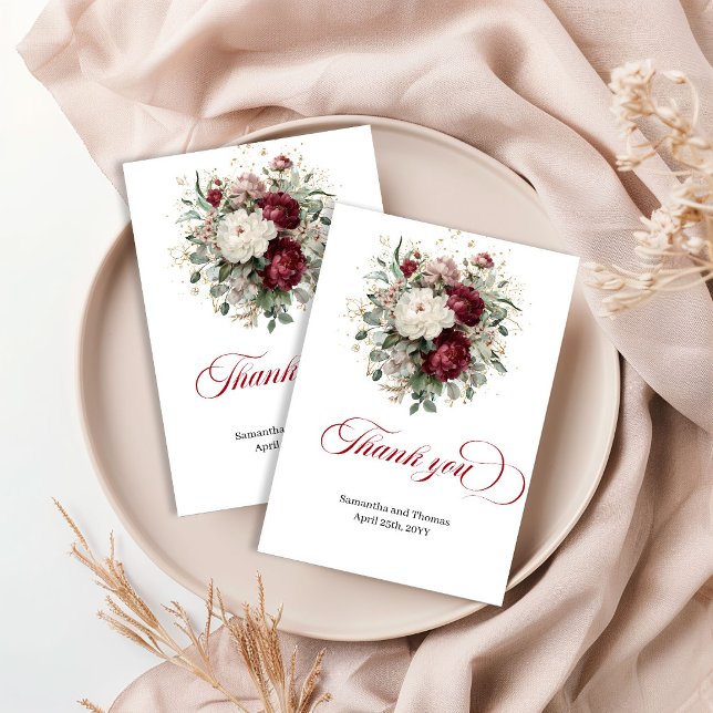 Praktfull mörkröd blomster eukalyptus tackkort tack kort (Opulent Maroon Floral Eucalyptus Thank You Card)