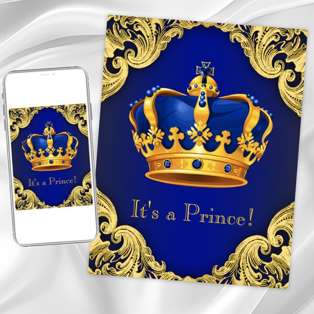 Praktfull prins baby shower blå och guld inbjudningar (Prince crown baby shower invitation. Instant download and printed invitations available.)