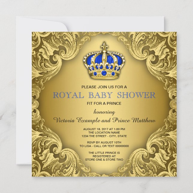 Praktfull prins baby shower blå och guld inbjudningar (Baksida)