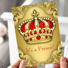 Praktfull prins baby shower röd och guld inbjudningar
