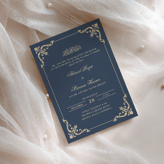 Praktfull ram navyblå guldskrift Walima-ceremoni Inbjudningar