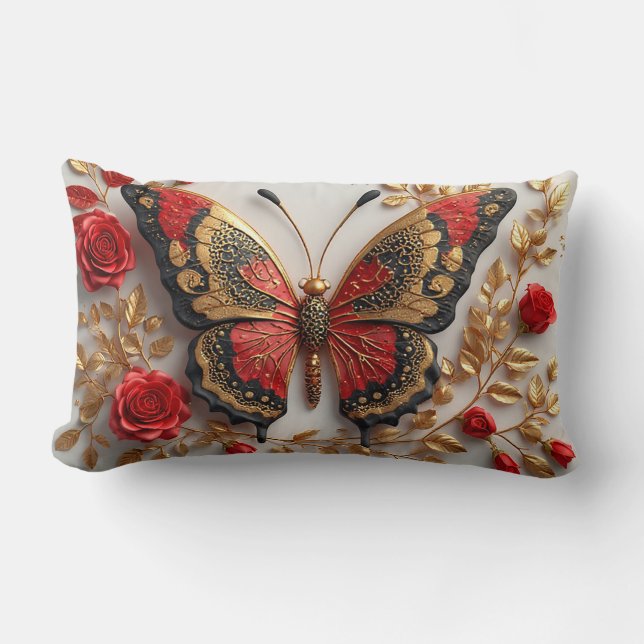 Praktfull röd guld fjäril Elegant blomsterdesign Lumbarkudde (Framsida)