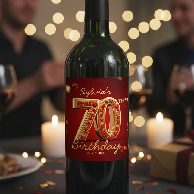 Praktfull röd guldglitter 70-årsdag vinflaska etikett (Skapare uppladdad)