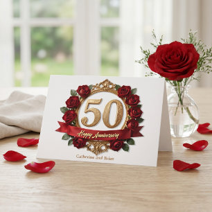 Praktfull röd ros guld utsmyckad ram 50-årsjubileu kort