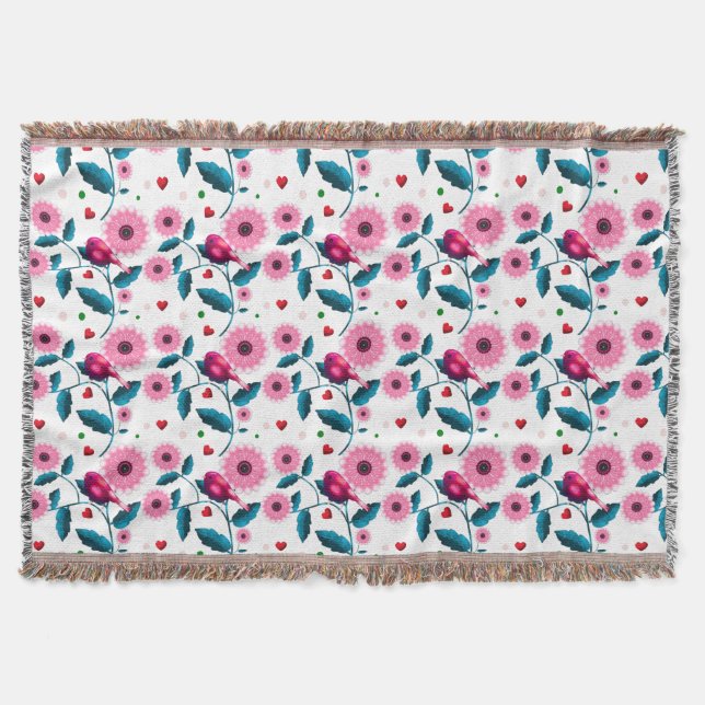 Praktfull Rosa Fågel Blommig Botanisk Design Kastd Filt (Framsidan)