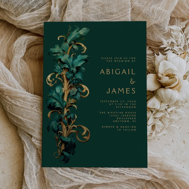 Praktfull smaragdgrön guld rokoko blad bröllop inbjudningar (An ideal choice for an emerald green and gold vintage themed wedding.)