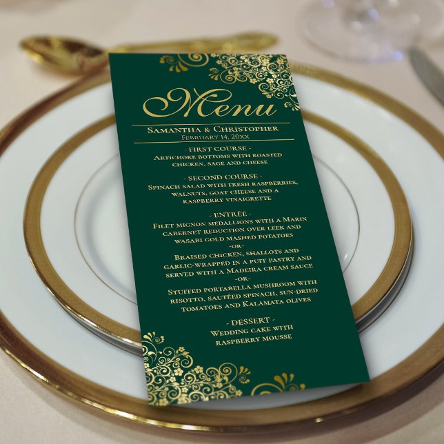 Praktfull smaragdgrön och gyllene elegant bröllop meny (On Plate)